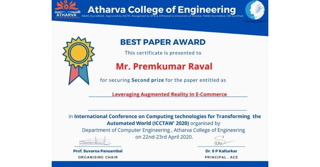 _prem_raval Best Research Paper Award for _Leveraging AR in E-Commerce_ by ICCTAW2020