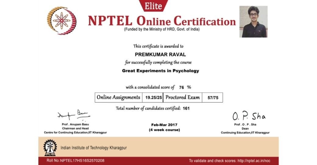 Certificate for Experiments in Psychology by IIT Kharagpur (NPTEL)