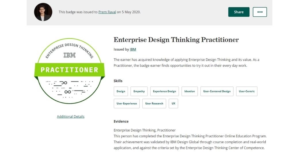 _prem_raval Enterprise Design Thinking Practitioner Course offered by IBM