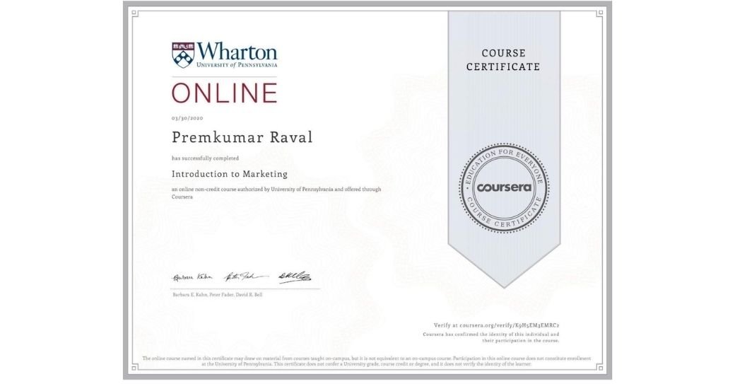 _prem_raval Introduction to Marketing on Coursera offered by The Wharton School, University of Pennsylvania