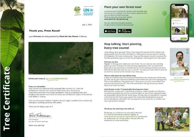 _prem_raval Tree plantation certificate by Plant-for-the-Planet in Mexico